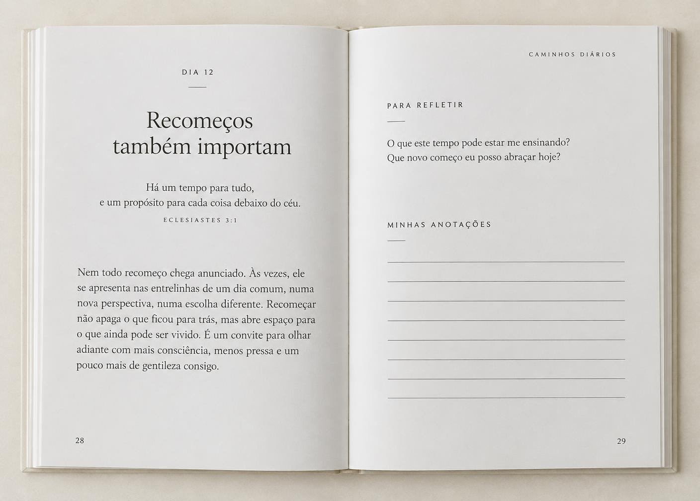 Duas páginas de uma noite do livro, com passagem, reflexão e linhas para escrever